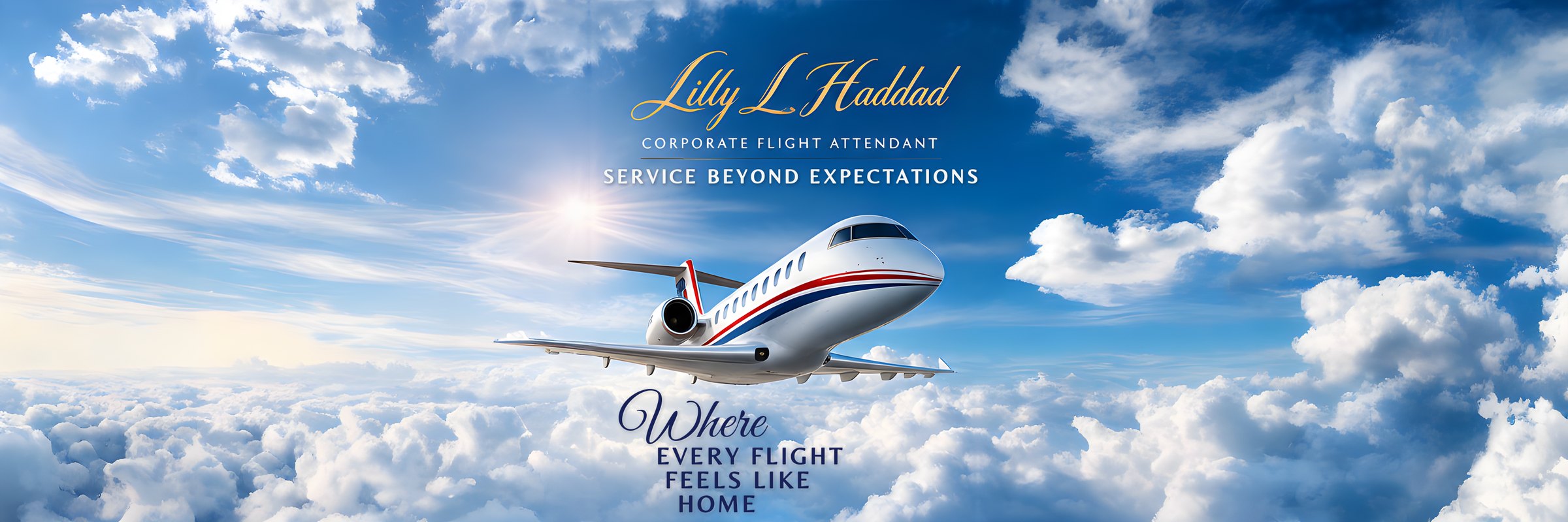 Lilly Haddad Corporate Aviation branding with red, white and blue aircraft in a blue sky with clouds